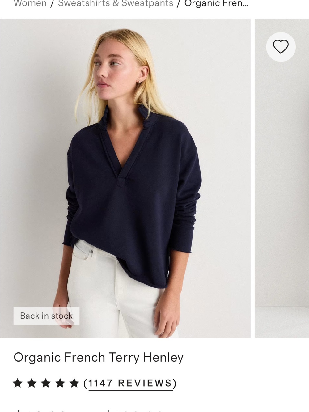 Organic French Terry Henley Sweater in Navy